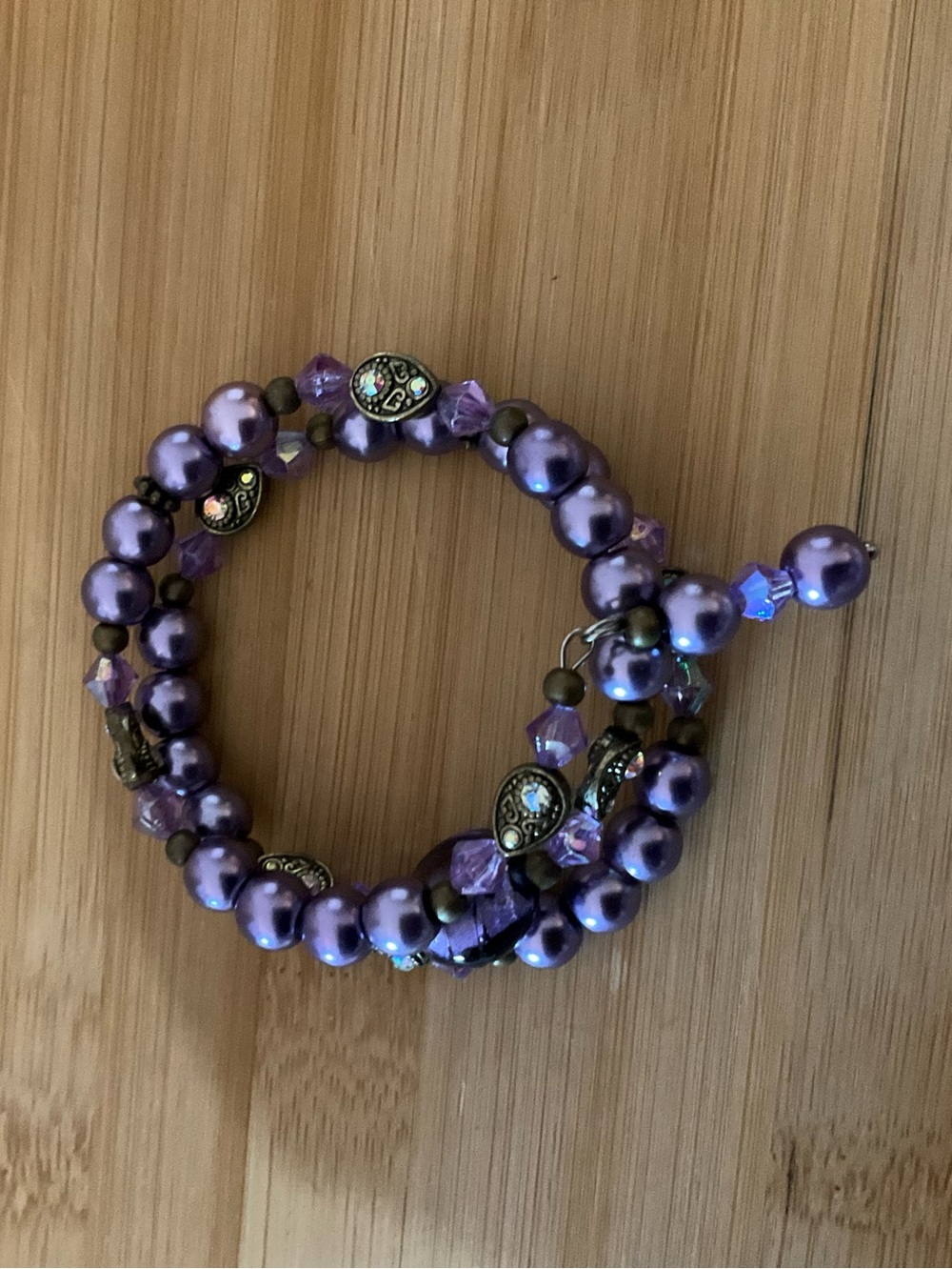 Hand Crafted Purple Beaded Coil Bracelet with Beaded Dangle